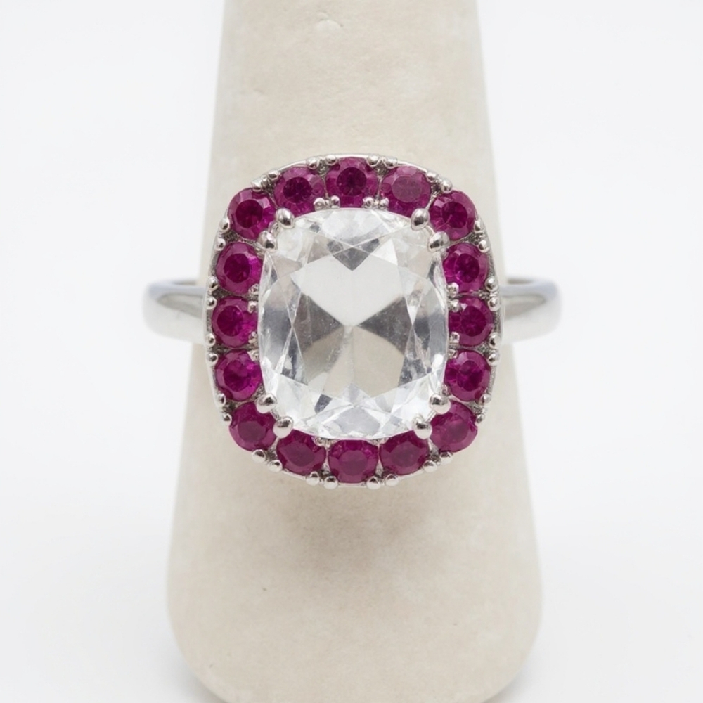 Crystal Quartz With Red Ruby Accent 925 Silver Over Rhodium Sz 7